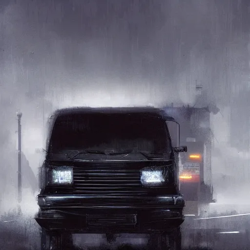 Image similar to a black van parked in front of an expensive modern house in a nice neighborhood, dramatic lighting, illustration by Greg rutkowski, yoji shinkawa, 4k, digital art, concept art, trending on artstation