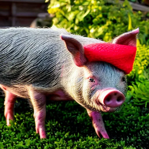 Prompt: a miniature pig wearing a cute hat!!! summer garden! hyper realistic!! realistic lighting!! wildlife photograph of the year!!! bold natural colors, national geographic, hd, wide angle, 8 k