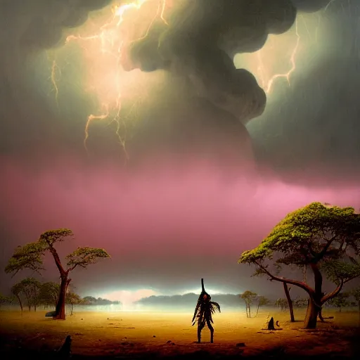 Image similar to a zulu hunter near a pink lake with a a baobab tree during a thunderstorm by greg rutkowski and android jones in a surreal portrait style, oil on canvas, 8k resolution.