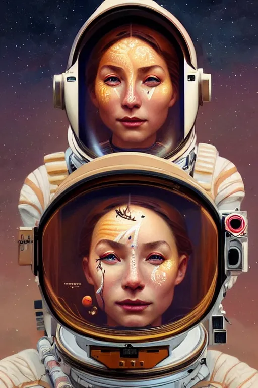 Image similar to beautiful portrait of a female astronaut on mars, face painting, dramatic lighting, intricate, wild, highly detailed, digital painting, artstation, concept art, smooth, sharp focus, illustration, art by artgerm and greg rutkowski and alphonse mucha, footage from space camera