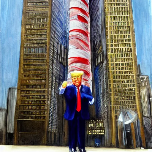 Prompt: a painting of donald trump in front of trump tower by bekinski and by john howe