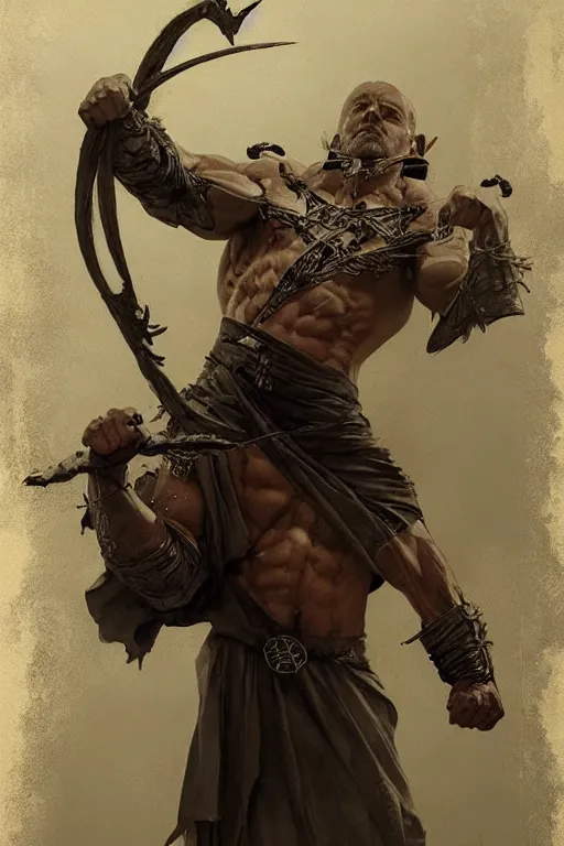 Prompt: bodybuilder, sorcerer, lord of the rings, tattoo, decorated ornaments by carl spitzweg, ismail inceoglu, vdragan bibin, hans thoma, greg rutkowski, alexandros pyromallis, perfect face, fine details, realistic shaded