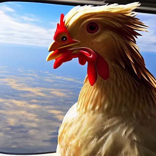 Image similar to chicken looking human on an airplane flight over the sea, realistic scene, very detailed