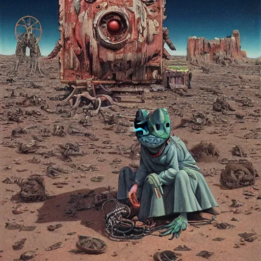 Image similar to a hyperrealistic painting of a ghost town with cowboy pepe the frog teleporting through portals and robotic aliens, apocalyptic desert, cinematic horror by chris cunningham, richard corben, highly detailed, vivid color, beksinski painting, part by junji ito and gerhard richter. art by takato yamamoto. masterpiece