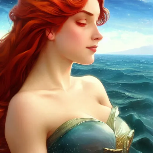 Prompt: beautiful young princess ariel, like human closeup, sea background, d & d, fantasy, elegant, highly detailed, digital painting, artstation, concept art, matte, sharp focus, illustration, art by artgerm and greg rutkowski and alphonse mucha