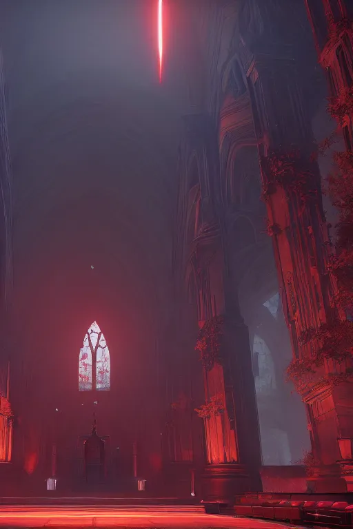 Image similar to symmetrical, centered composition, ancient church with red shafts of light in destiny 2, foggy, liminal, dark, dystopian, beautiful architecture, abandoned, highly detailed 4 k destiny 2 expansion key art wallpaper