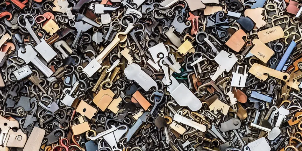 Prompt: heap of many keys of different sizes and styles, unsorted product photo, wallpaper, high detail