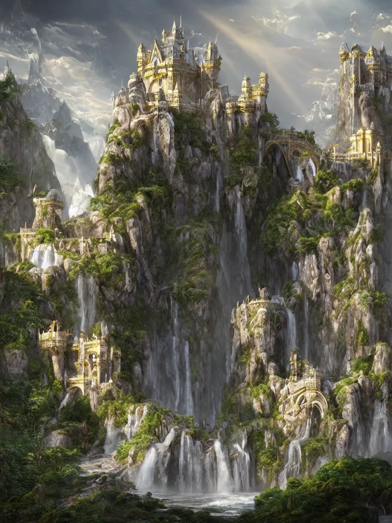 Image similar to a beautiful fantasy landscape of a large majestic castle adorned with gold linings and white marble walls from DND with lots of towers bridges and levels on top of a lush cliff with a huge waterfalls in the middle, ruins of structures at the bottom, afternoon light streaking with god rays, Dungeons and Dragons Castle, ornate, detailed, octane render, 8k, trending on artstation deviantart google images, pinterest, canon 35mm lens