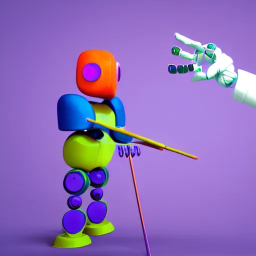 Image similar to a photorealistic 3 d render made in blender of a colourful friendly robot being poked by a man with a stick. background is a purple gradient