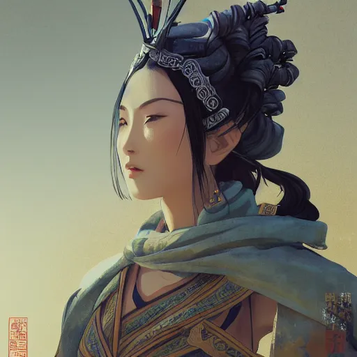 Image similar to ancient asian dynasty princess, three kingdom, dynasty warriors, cute face, standing in an oasis in the desert, 8 k beautiful, elegant, grafity, c 4 d, digital painting, smooth, concept art, in style of yoji shinkawa, pan ren wei, col price, atey ghailan, by greg rutkowski, aesthetic