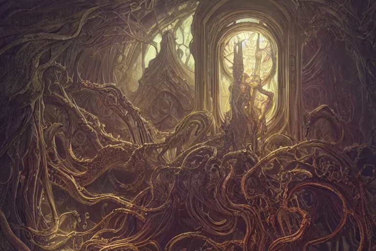 Prompt: a lovecraftian painting of a demonic shrine, occult, unholy ritual, cosmic horror elements, ultra realistic, concept art, intricate details, eerie, highly detailed, photorealistic, octane render, 8 k, unreal engine. art by artgerm and greg rutkowski and alphonse mucha