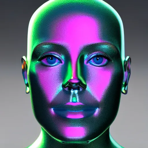 Image similar to 3d render of holographic human robotic head made of glossy iridescent, surrealistic 3d illustration of a human face non-binary, non binary model, 3d model human, cryengine, made of holographic texture, holographic material, holographic rainbow, concept of cyborg and artificial intelligence