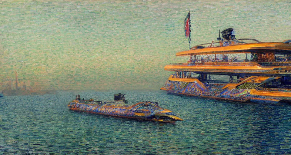 Prompt: detailed close - up of a side view full shot of a solarpunk futuristic neon robotic cyberpunk steamboat in the senna river, people waving, impressionism, oil on canvas, natural colors, horizon, golden hour, masterpiece, detailed, by gustave caillebotte, wlop, mucha, greg rutkowski