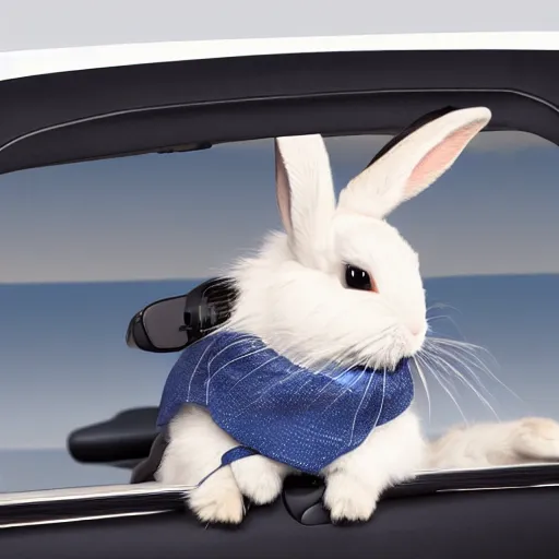 Image similar to bunny riding a convertible, studio photo, high quality