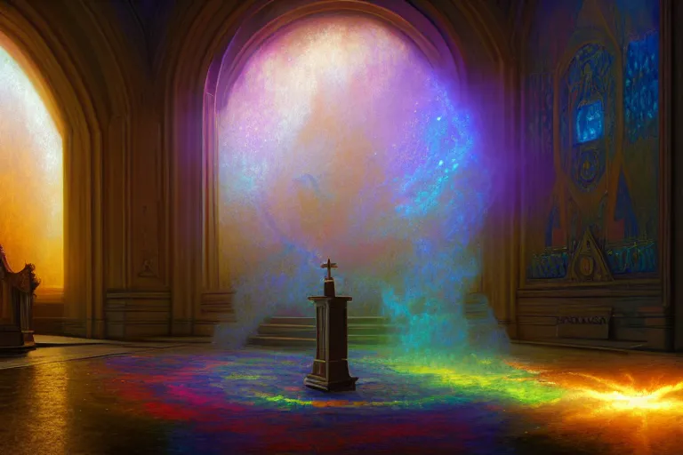 Image similar to portal to iridescent dimension on altar of truth, illustration, moody, chaotic, god, mist, nuclear explosion background, volumetric lighting, soft lighting, soft details, painting oil on canvas by craig mullins and Edmund Blair Leighton, octane render, HDR, trending on artstation, 4k, 8k, HD