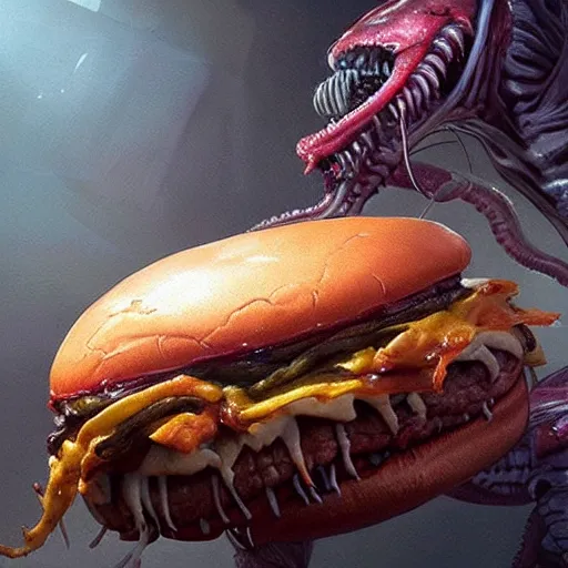 Prompt: hyper realistic hamburger as a xenomorph, painted by greg rutkowski, unreal engine, pixar,