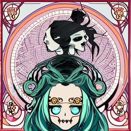 Image similar to anime manga skull portrait marvel young woman hood fairytale comic skeleton illustration style by Alphonse Mucha pop art nouveau