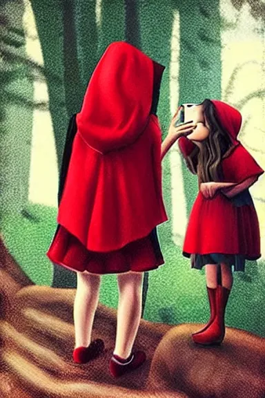 Image similar to “ very photorealistic photo of the real little red riding hood and the wolf taking a selfie, award - winning details ”