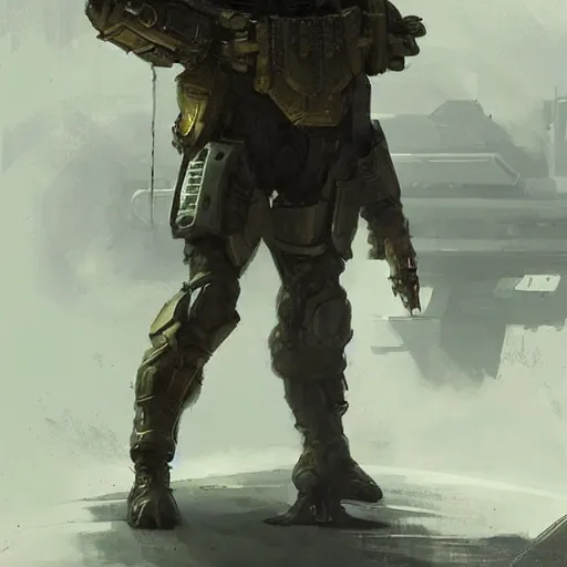 Image similar to concept art by greg rutkowski, a futuristic soldier, roughly from the 2 6 th century, wearing a futuristic tactical gear, bulky look and dieselpunk hq.