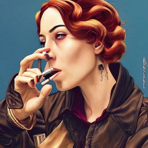 Image similar to a beautiful woman smoking a cigarette as a bandit, highly detailed, sharp focus, digital painting, artwork by martine johanna + joe jusko + Victor Adame Minguez + Yuumei + Tom Lovell + Sandro Botticelli