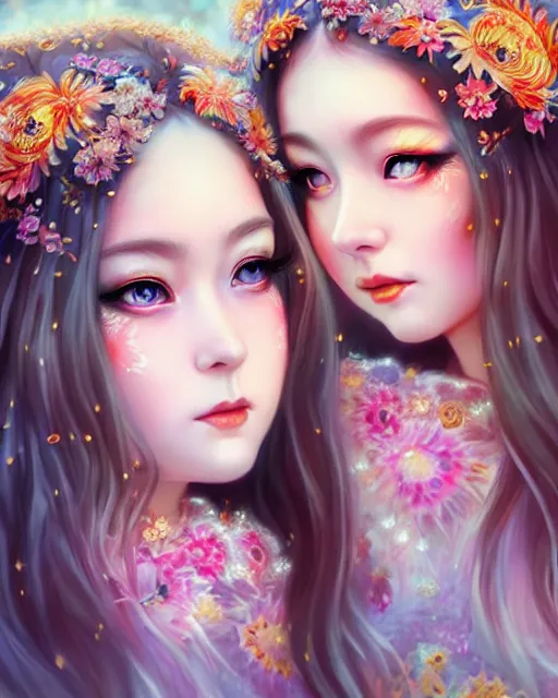 Image similar to two beautiful fashion siberian girls wear fantasy kimono in festival | | big eyes, sunny, dreamlike art, realistic shaded, smile, good looking, hyper details, 4 k realistic, cryengine, realistic shaded lighting poster by artgerm, ross tran, fuji choko, loish, 8 k resolution, trending on artstation, luxury