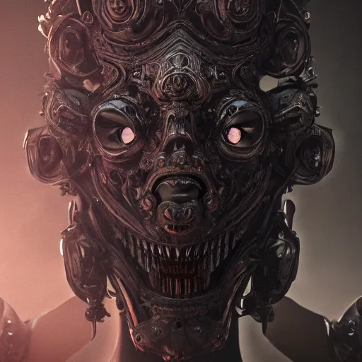 Image similar to Very very very very highly detailed epic photo of demonic face with venetian mask, intricate, dystopian, sci-fi, extremely detailed, digital painting, artstation, concept art, smooth, sharp focus, illustration, intimidating lighting, incredible art by Anton Pieck, Octane render in Maya and Houdini VFX