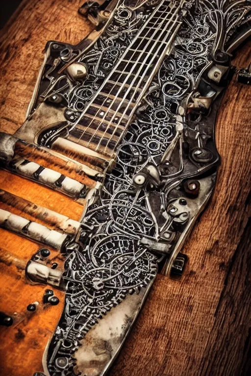 Image similar to an artistic representation of a fretboard, steampunk, intricate details