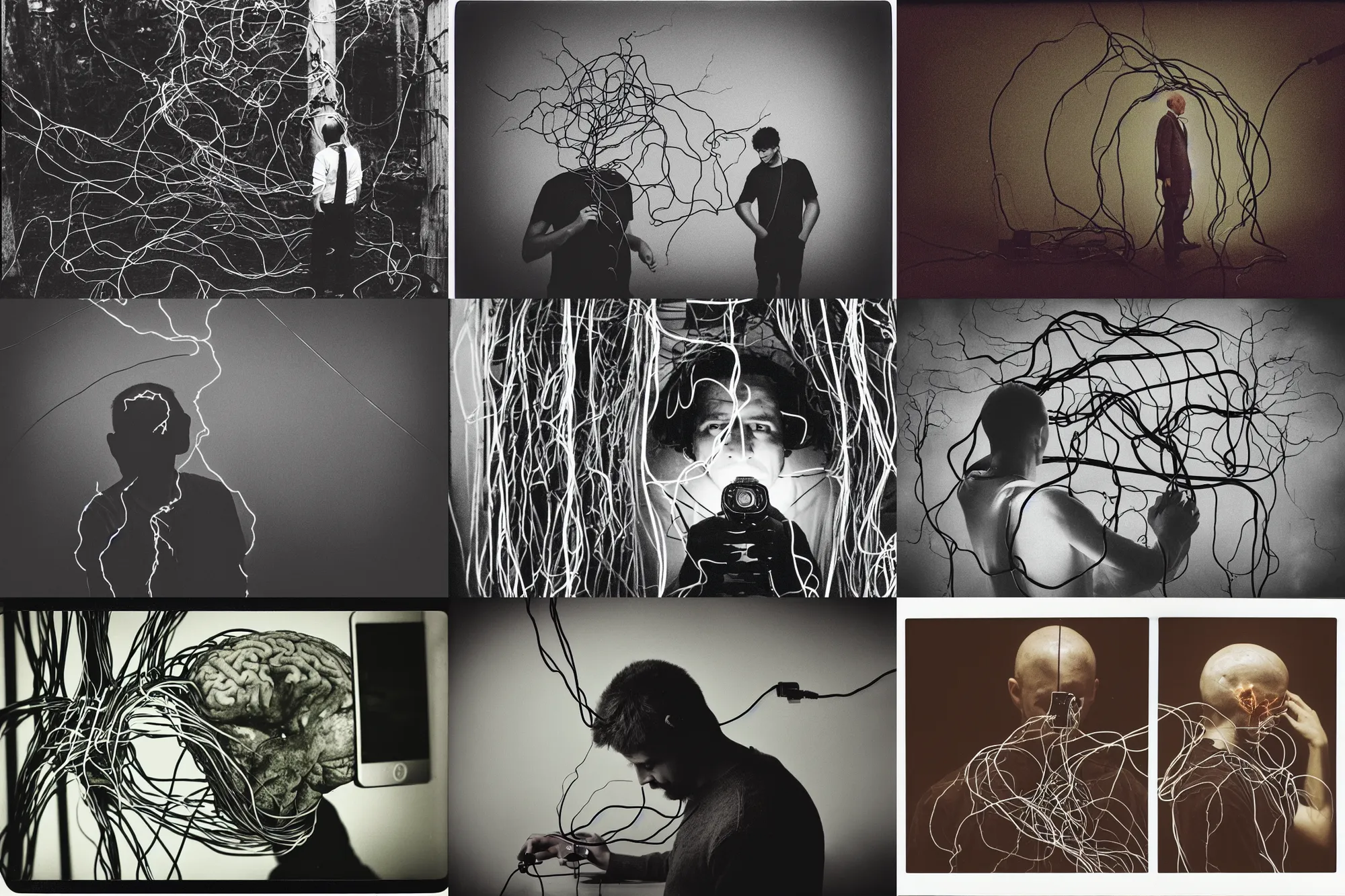 Prompt: a man with a very big brain is connected by wires to a computer, Cinematic, filmic, 35mm, dark atmosphere, horror, scary, Wildlife photography, Polaroid, bad quality
