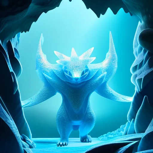 Prompt: ( ice pokemon ) creature creature in a alaska cave, bioluminescent bioluminescent translucent translucent : : by michal karcz, daniel merriam, victo ngai and guillermo del toro : : ornate, dynamic, particulate, intricate, elegant, highly detailed, centered, artstation, smooth, sharp focus, octane render, 3 d
