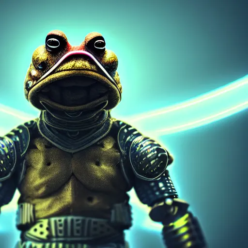 Image similar to wide shot, photo of a toad head, a huge humanoid toad-man with a katana, in a heavy futuristic armour without a helmet, hyper realistic, hyper detailed, coherent photo, trending on artstation, cyberpunk, Japanese style, volumetric lightning, neon, electric colours, Cinematic, Dramatic, Film Grain, Kodak Portra, Depth of Field, 15 mm octane render, 4k, raytracing, blender