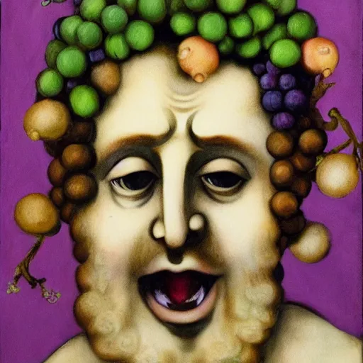 Prompt: laughing Dionysus with grape in his hair, modern art