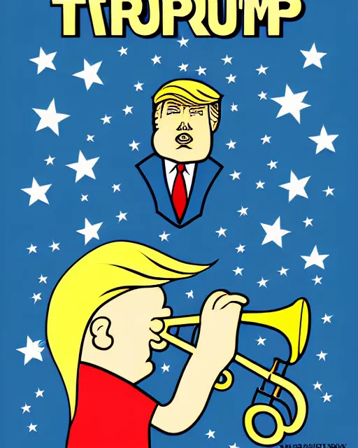 Image similar to painting portrait of trump with trumpet hair, cartoon, warm lighting, trump has hair as a trumpet, trumps hair is coming out as trumpet. movie poster, illustration by bartek fedyczak, erak note, tooth wu, neil richards, kan liu, siwoo kim, jisu choe, trending on art station