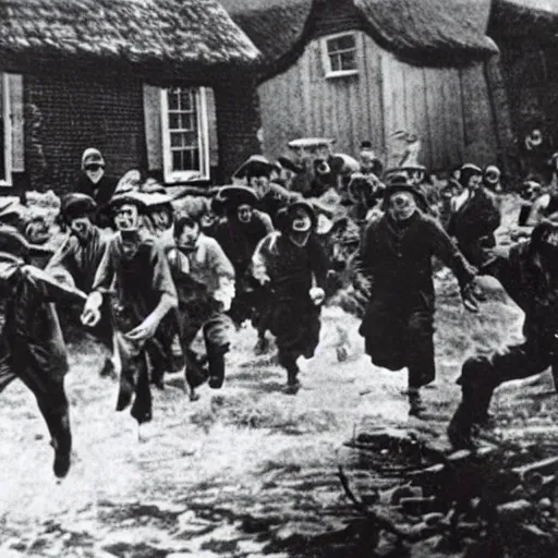 Prompt: Cthulhu attacking village, people running in panic, photo, 1920