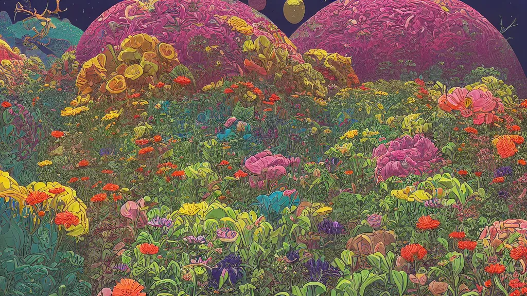 Image similar to highly detailed illustration of a world growing all kinds of flowers by kilian eng, by moebius!, by oliver vernon, by joseph moncada, by damon soule, by manabu ikeda, by kyle hotz, by dan mumford, by kilian eng