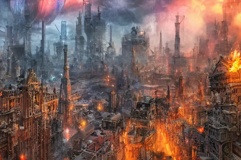 Prompt: a city that runs on industrialized magic, a secret war will be fought to overwrite reality itself. photo - realistic hd, hyperrealism, colourful, highly detailed, cinematic, luminescence, 3 2 k, dop, high contrast, intricate, mystery, epic, fantasy