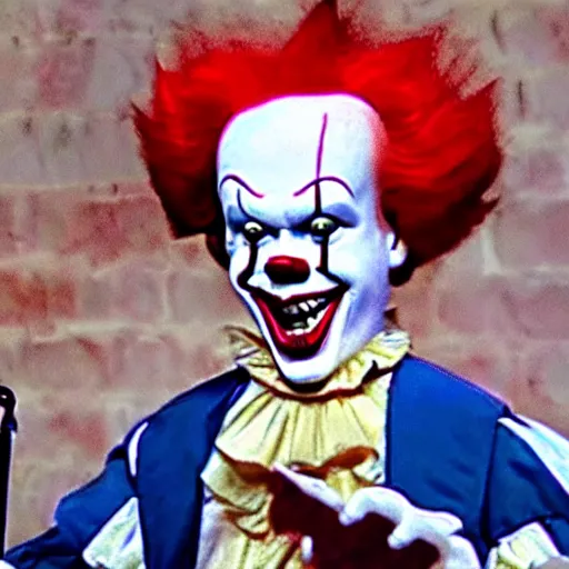 Image similar to Pennywise the clown giving an official speech as president of the USA, 4K realistic