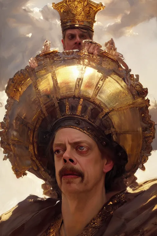 Image similar to beautiful expressive oil painting portrait of ancient roman god emperor steve buscemi ascending wearing the civic crown, art by anders zorn, wonderful masterpiece by greg rutkowski, beautiful cinematic light, american romanticism by greg manchess, jessica rossier