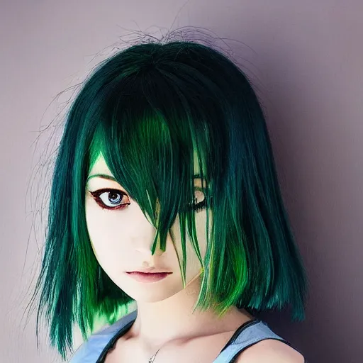 Prompt: anime girl with green hair, full head and hair in shot