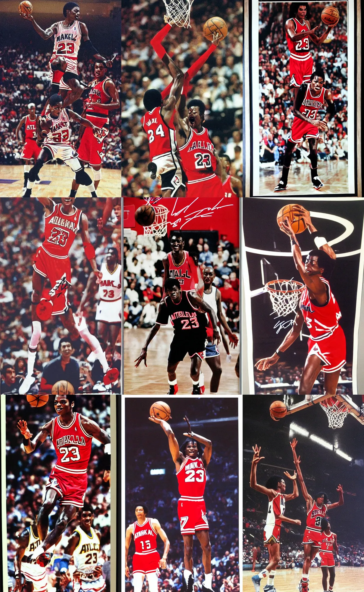 Prompt: Michael Jackson playing basketball for the Atlanta Hawks, NBA poster, signed by Michael Jordan,