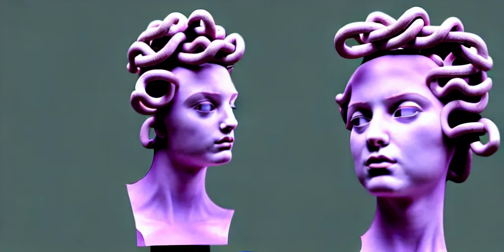 Image similar to modern sculpture, young woman as medusa, multiple poses, androgynous, vaporwave, vhs still