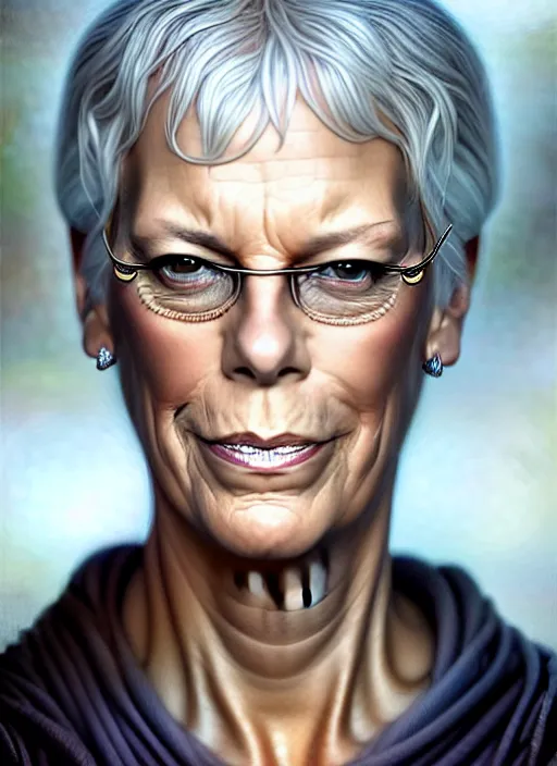 Prompt: jamie lee curtis an angel, aesthetic, fine art, intricate, elegant, highly detailed, realistic hair, centered, digital painting, art station, conceptual art, soft, sharp focus, illustration, artwork, artgerm, tomasz alen kopera, peter mohrbacher, donato giancola, wlop, boris vallejo