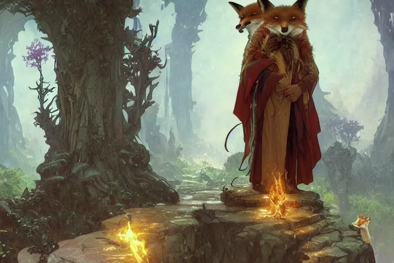 Image similar to an anthropomorphic fox wizard and his apprentice, wearing long flowing robes, in front of a magical gateway to another universe, illustration by greg rutkowski, thomas kindkade, alphonse mucha, loish, norman rockwell, artstation, furaffinity