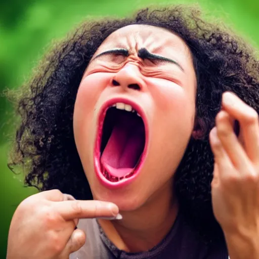 Prompt: a close up shot of a person screaming because a worm got on their face