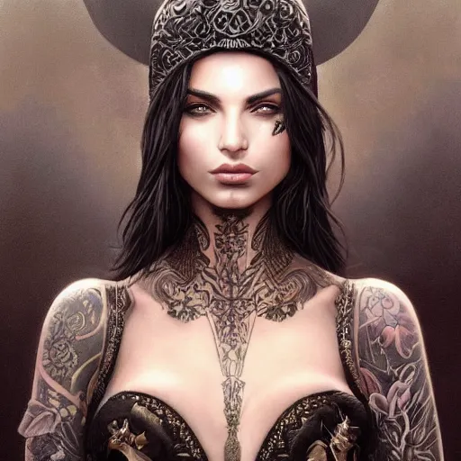 Prompt: an attractive young tattooed female wearing an black ornate metallic helmet, emily ratajkowski, olive skin, long dark hair, beautiful bone structure, intricate, elegant, highly detailed, digital painting, artstation, concept art, smooth, sharp focus, illustration, art by artgerm and greg rutkowski and alphonse mucha