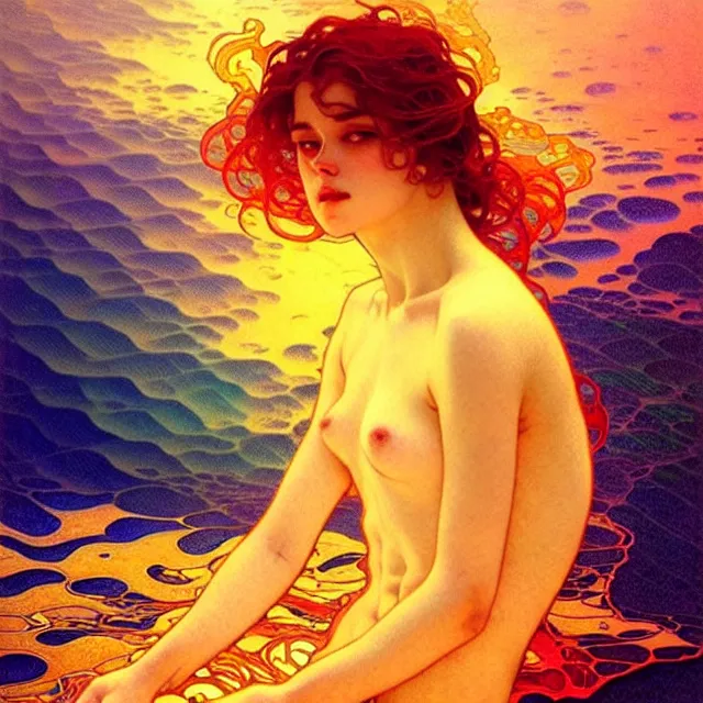 Image similar to mind bending sapphire ocean waves of glossy psychedelic liquid honey drops flowing like kaleidoscopic translucent amber, lsd waves, psychedelic ripples, crystal clear, backlit, sunset, refracted lighting, art by collier, albert aublet, krenz cushart, artem demura, alphonse mucha