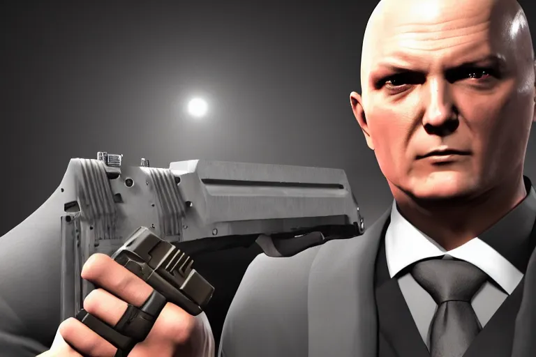 Image similar to a photo of agent 4 7 with his suit on holding a gun, photorealistic, 8 k, hd