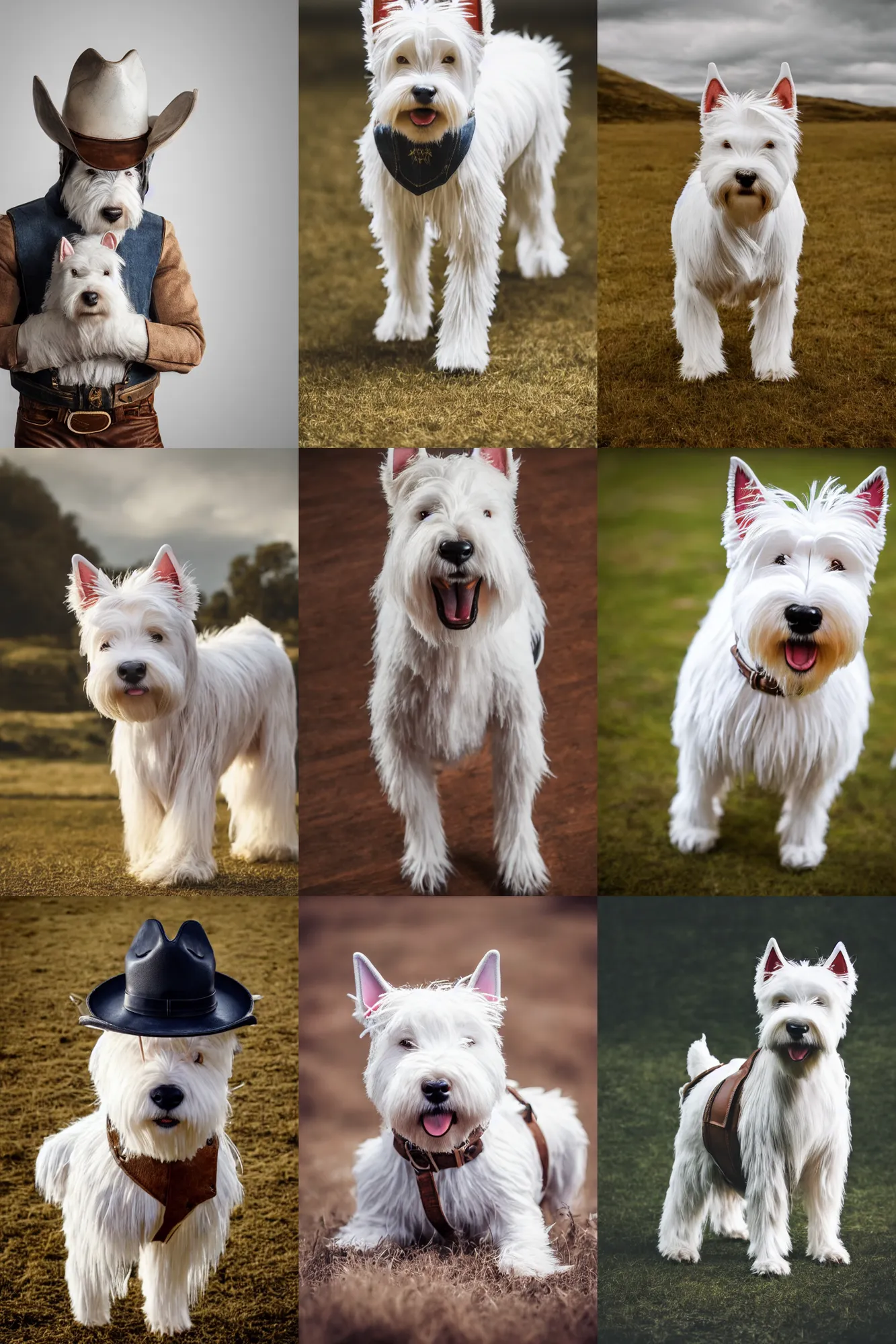 Prompt: photo of an anthropomorphic west highland white terrier-cowboy, Short brown leather jacket, denim short pants, cow boy hat; ultra realistic, volumetric light, 4K, Full body