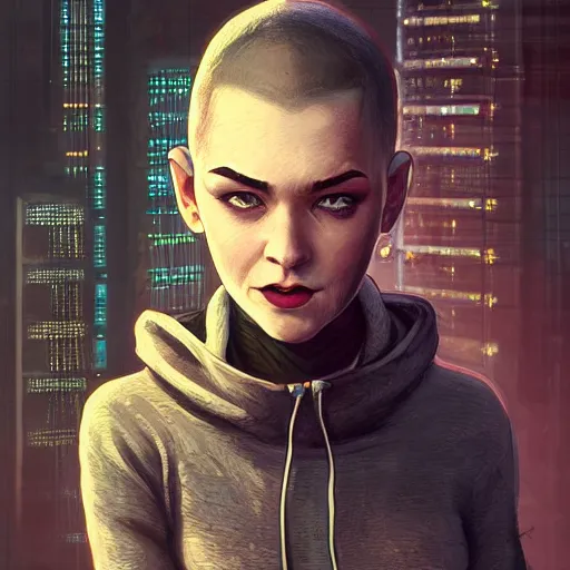 Prompt: character portrait of a 1950s girl in a hoodie, completely shaved head, dystopian cyberpunk steampunk soviet mood, intricate, wild, highly detailed, digital painting, artstation, upper body, concept art, smooth, sharp focus, illustration, art by artgerm and greg rutkowski and alphonse mucha