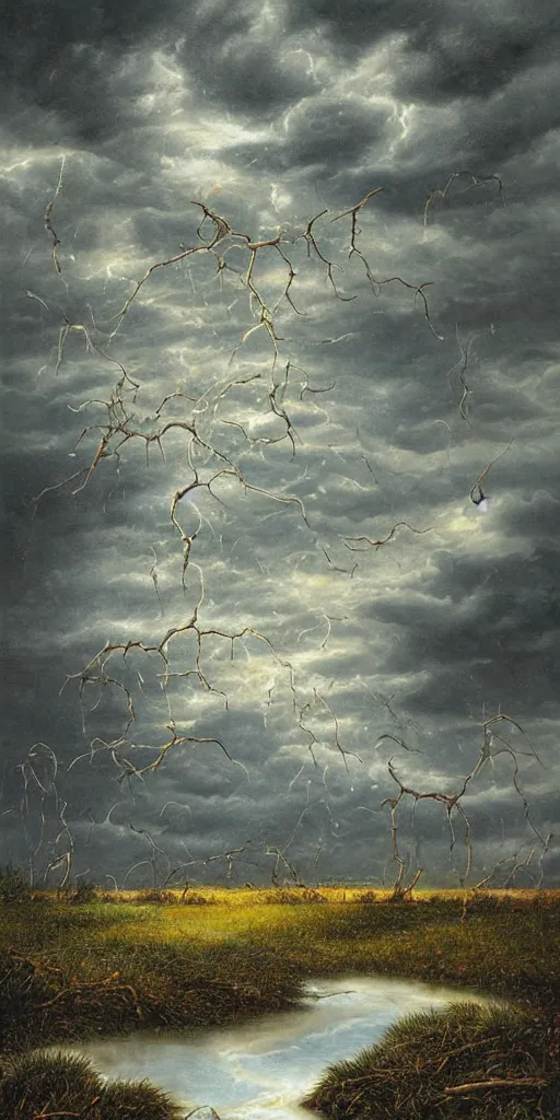 Prompt: thorns in the mud water drip by johfra bosschart sky realistic stormcloud with glimpses of flares