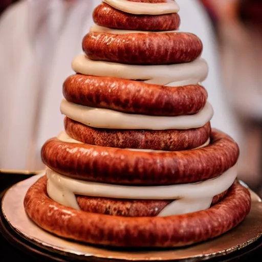 Image similar to a wedding cake made entirely out of meat and sausages with ketchup sauce. During wedding. Highly detailed 8k